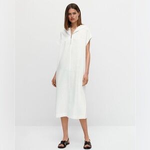 Massimo Dutti Hooded Linen Midi Dress with Pockets Oversized Coastal Minimalist